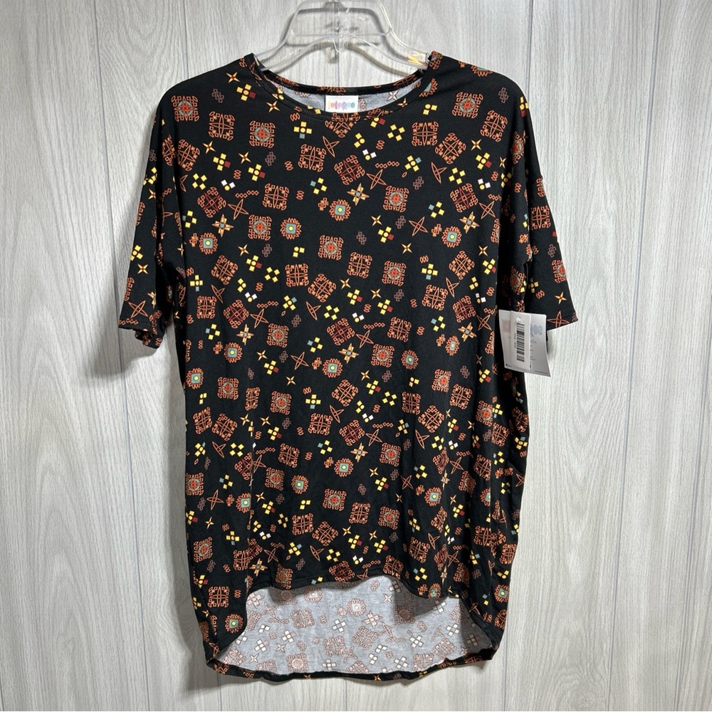 LuLaRoe NWT Black With Multicolor Print High Low Irma Shirt Size XXS
